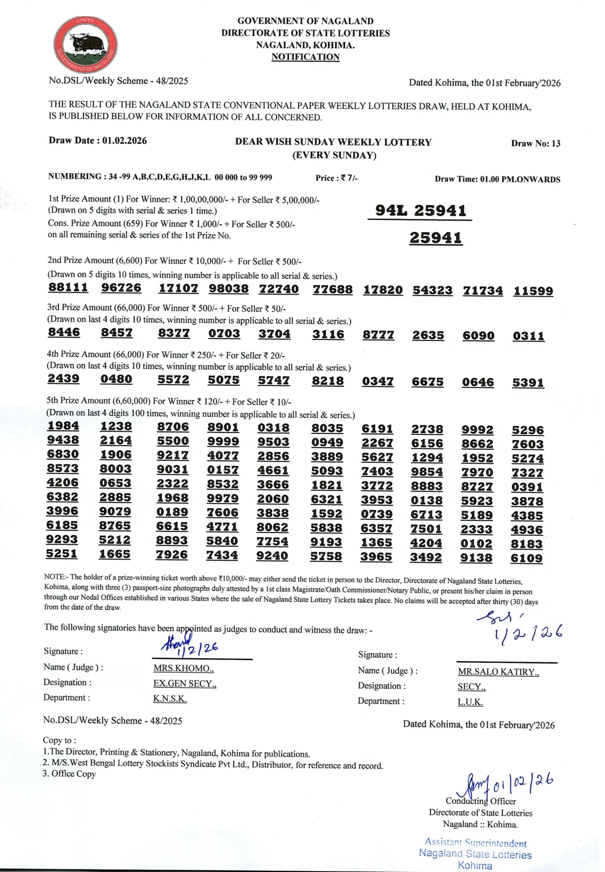 Dear Lottery result 1PM 01.02.2026