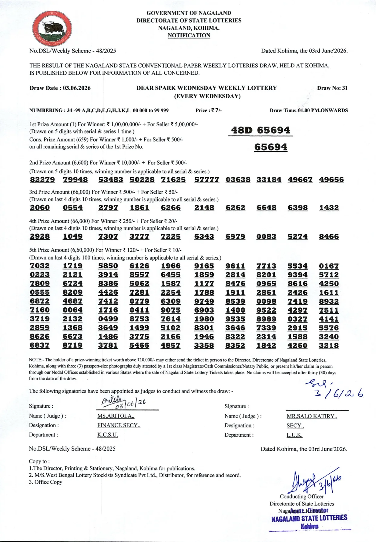 Dear Lottery result 1PM 03.06.2026