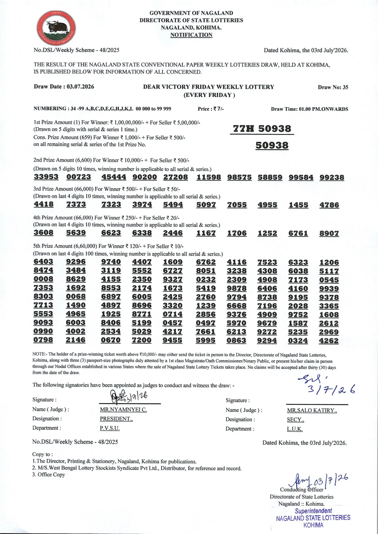 Dear Lottery result 1PM 03.07.2026