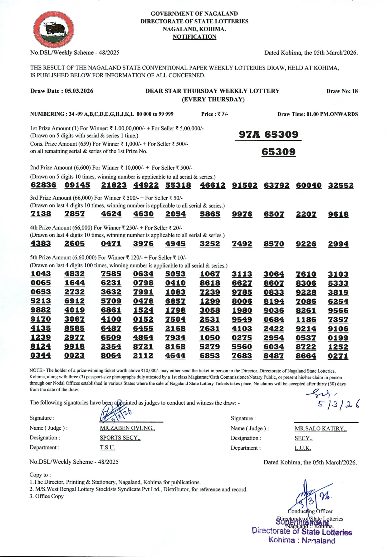 Dear Lottery result 1PM 05.03.2026