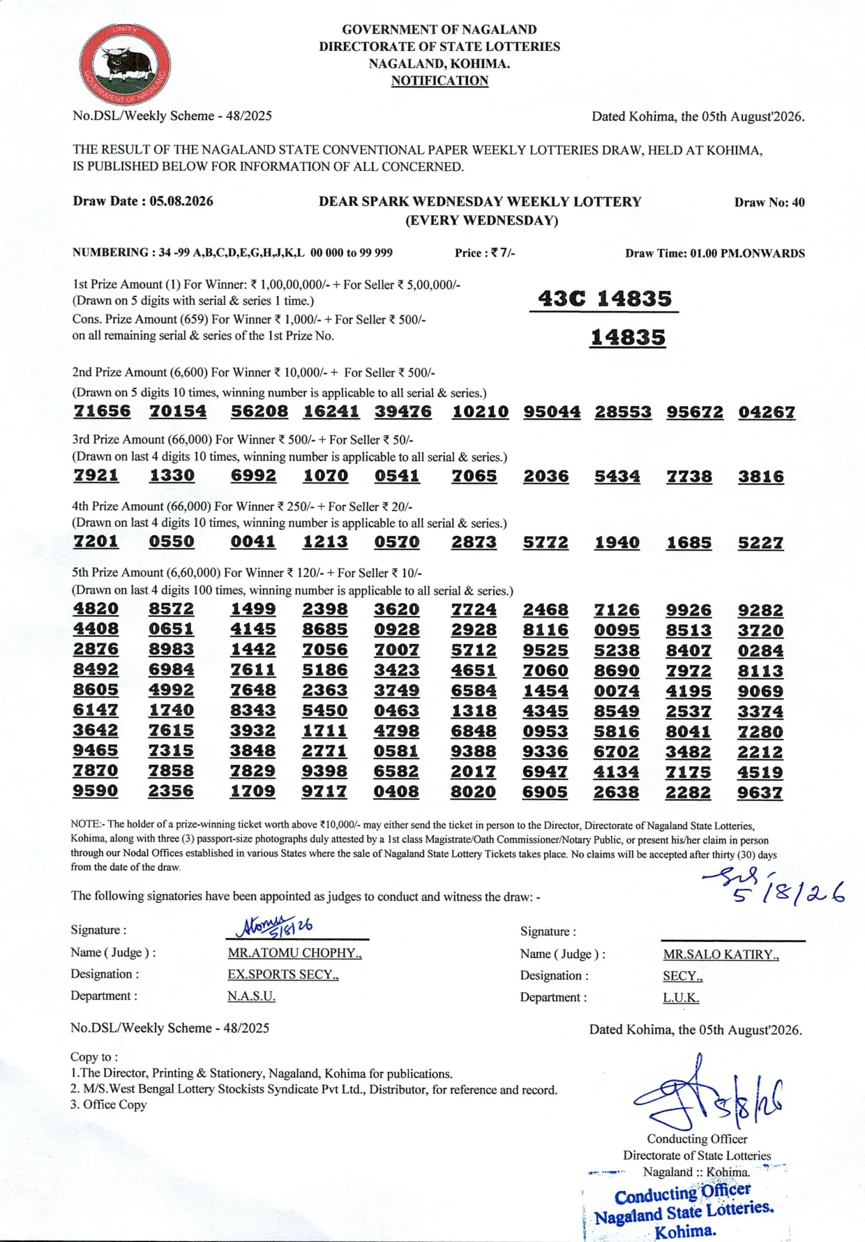 Dear Lottery result 1PM 05.08.2026