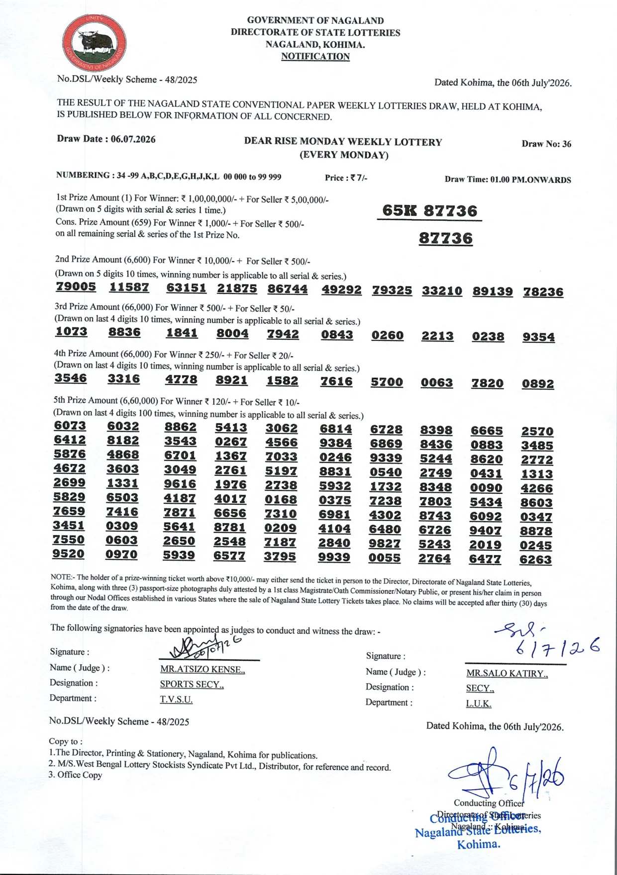Dear Lottery result 1PM 06.07.2026