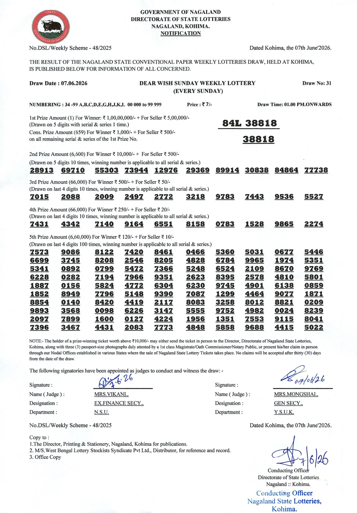 Dear Lottery result 1PM 07.06.2026
