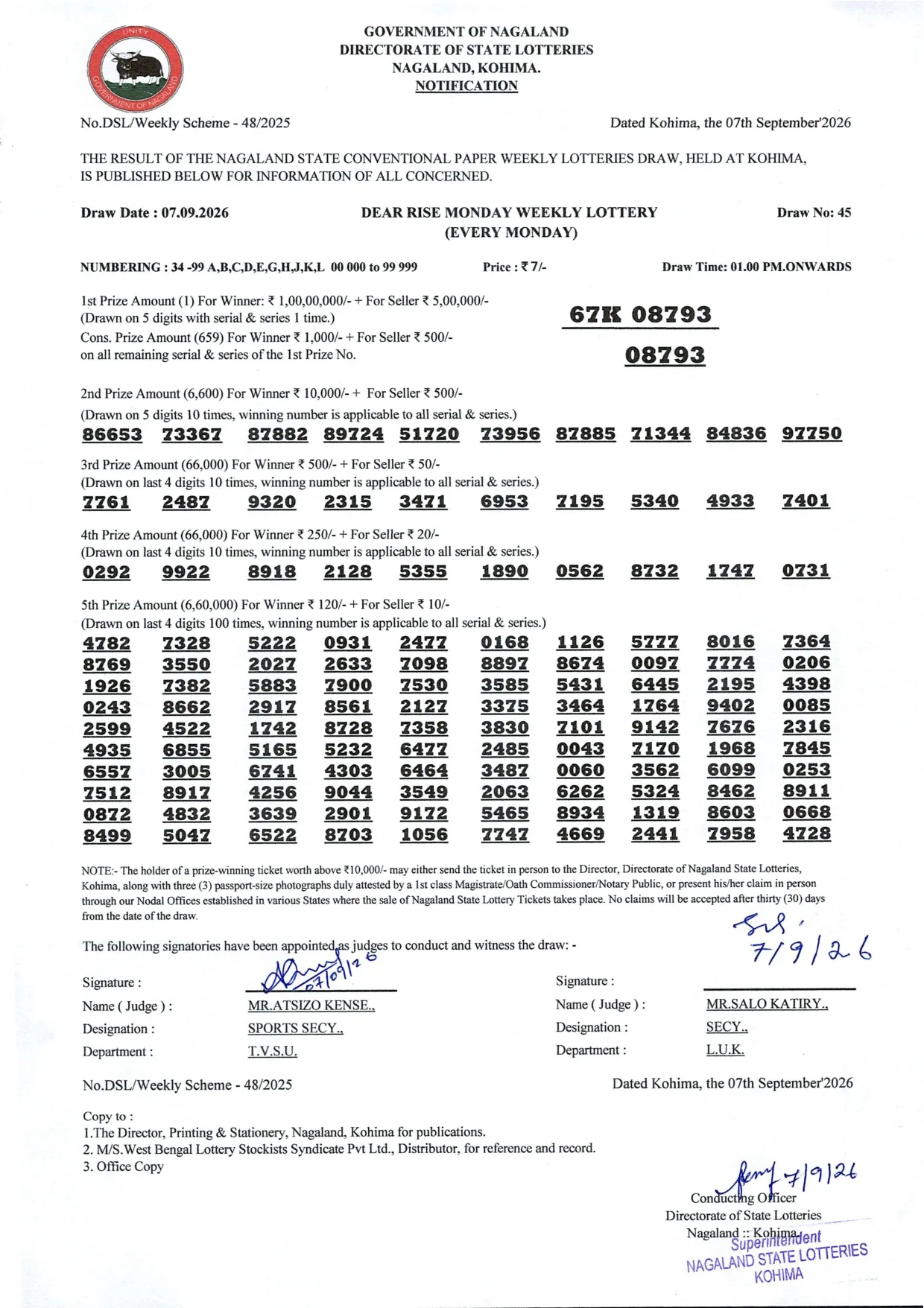 Dear Lottery result 1PM 07.09.2026