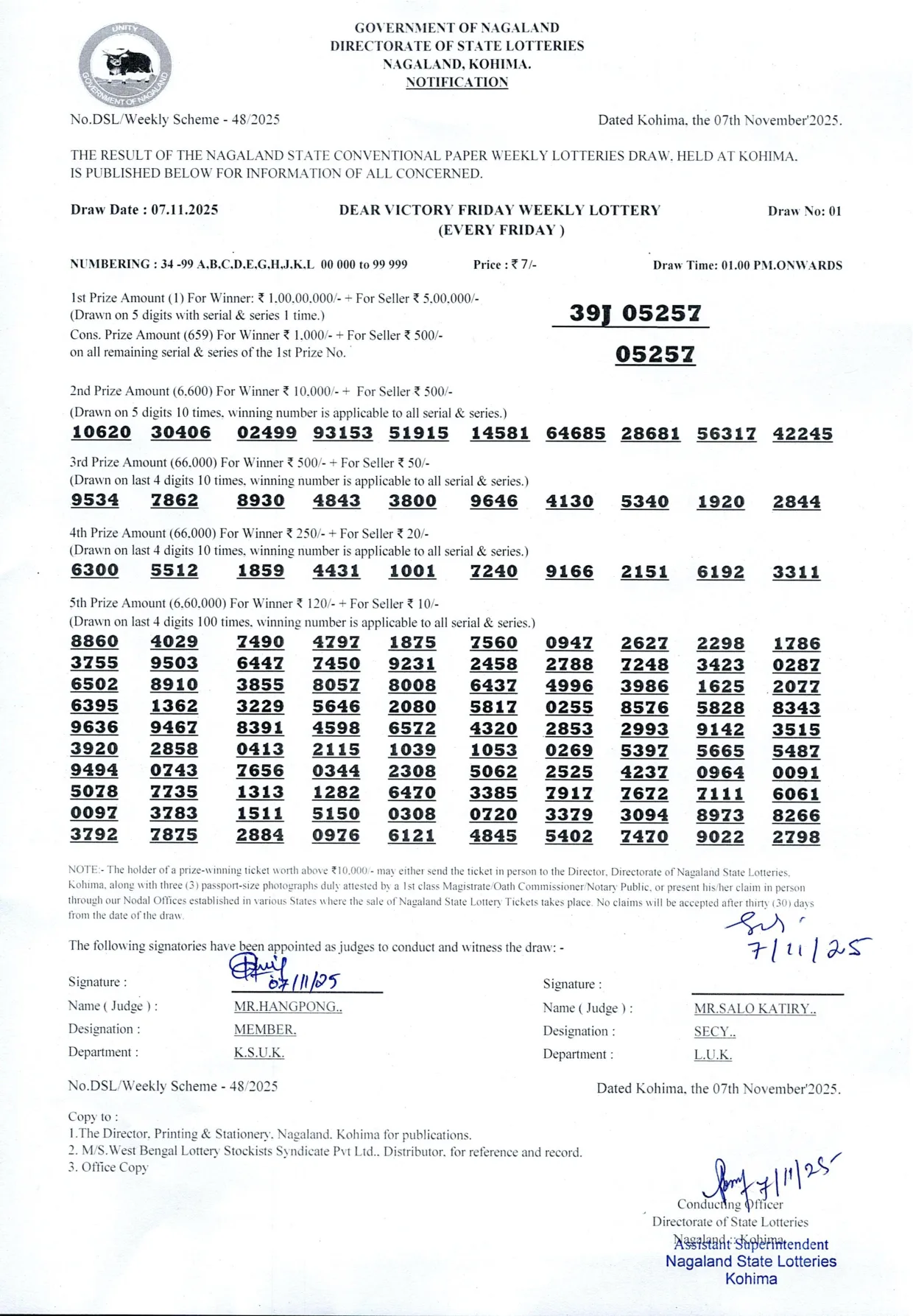 Dear Lottery result 1PM 07.11.2025