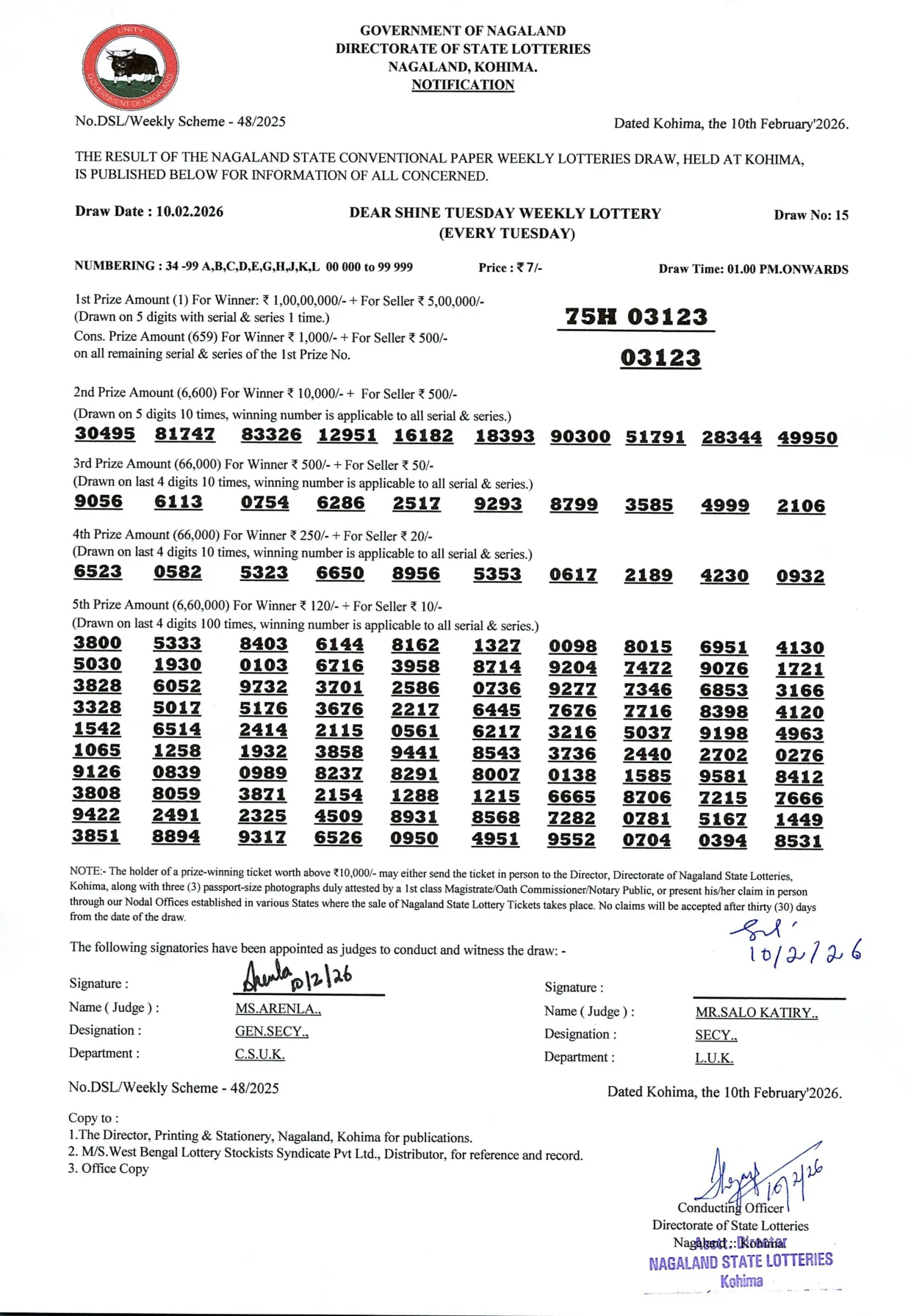 Dear Lottery result 1PM 10.02.2026