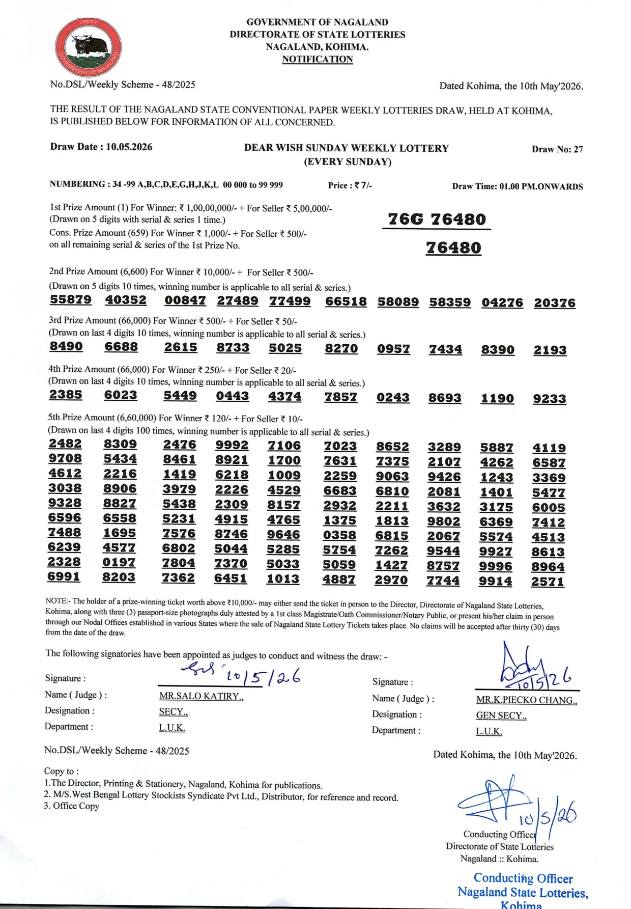 Dear Lottery result 1PM 10.05.2026