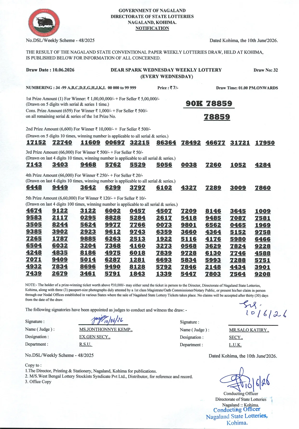 Dear Lottery result 1PM 10.06.2026