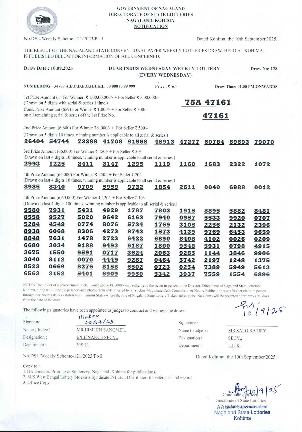 Dear Lottery result 1PM 10.09.2025