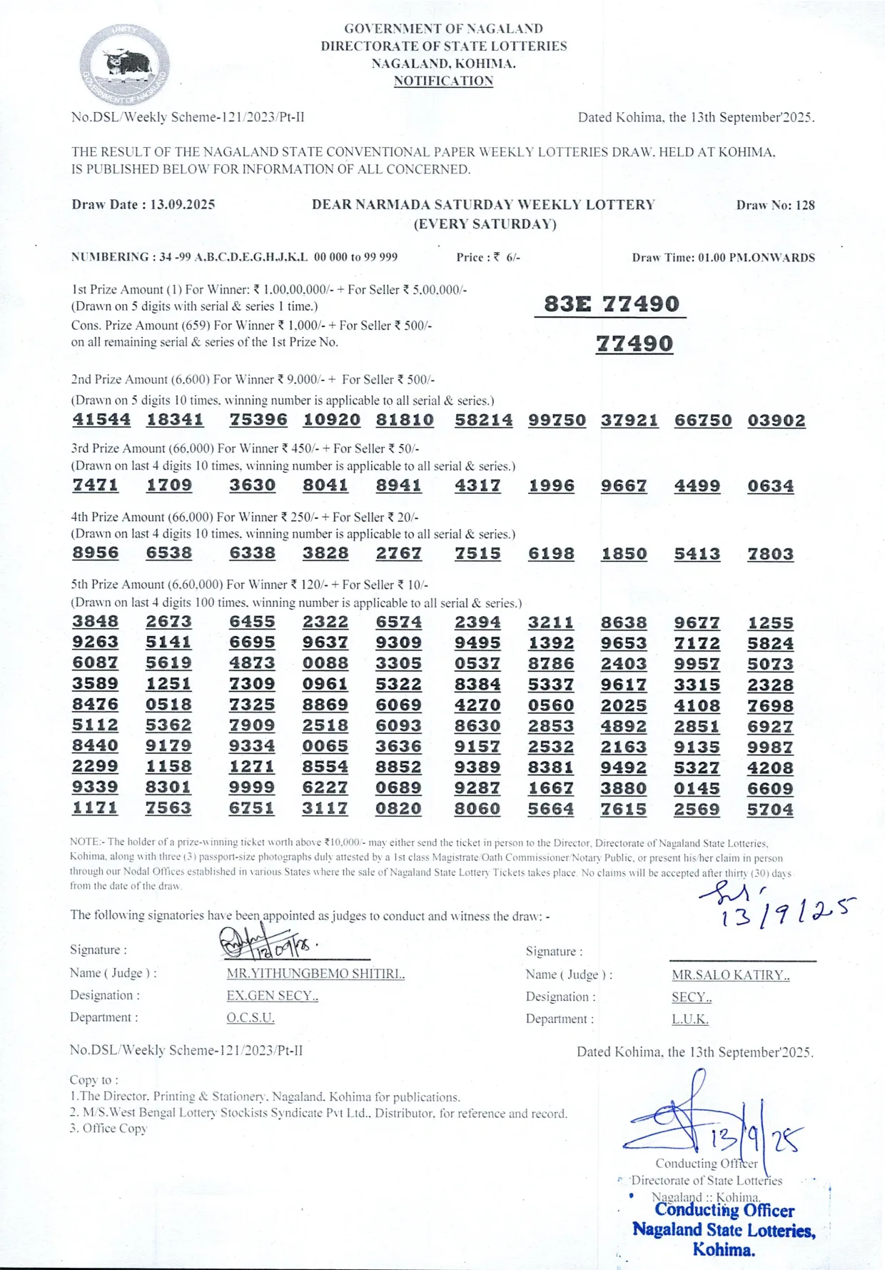 Dear Lottery result 1PM 13.09.2025