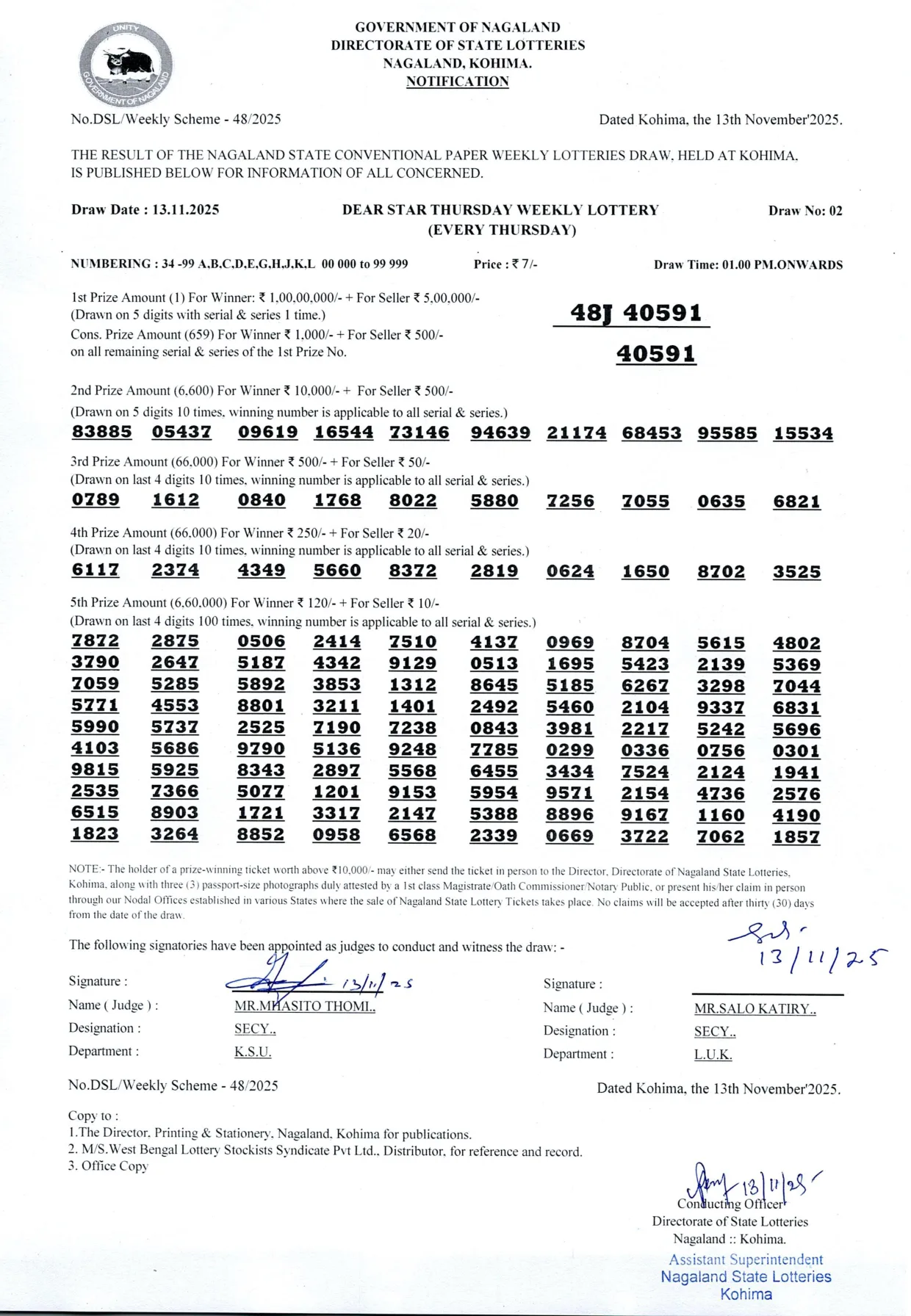 Dear Lottery result 1PM 13.11.2025