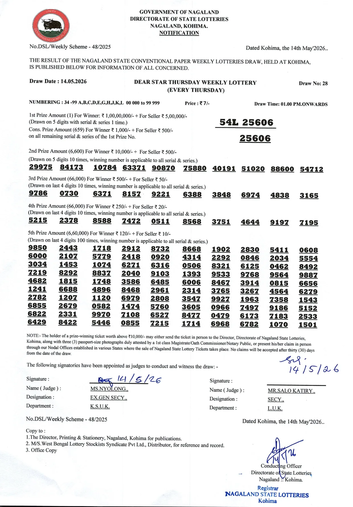Dear Lottery result 1PM 14.05.2026