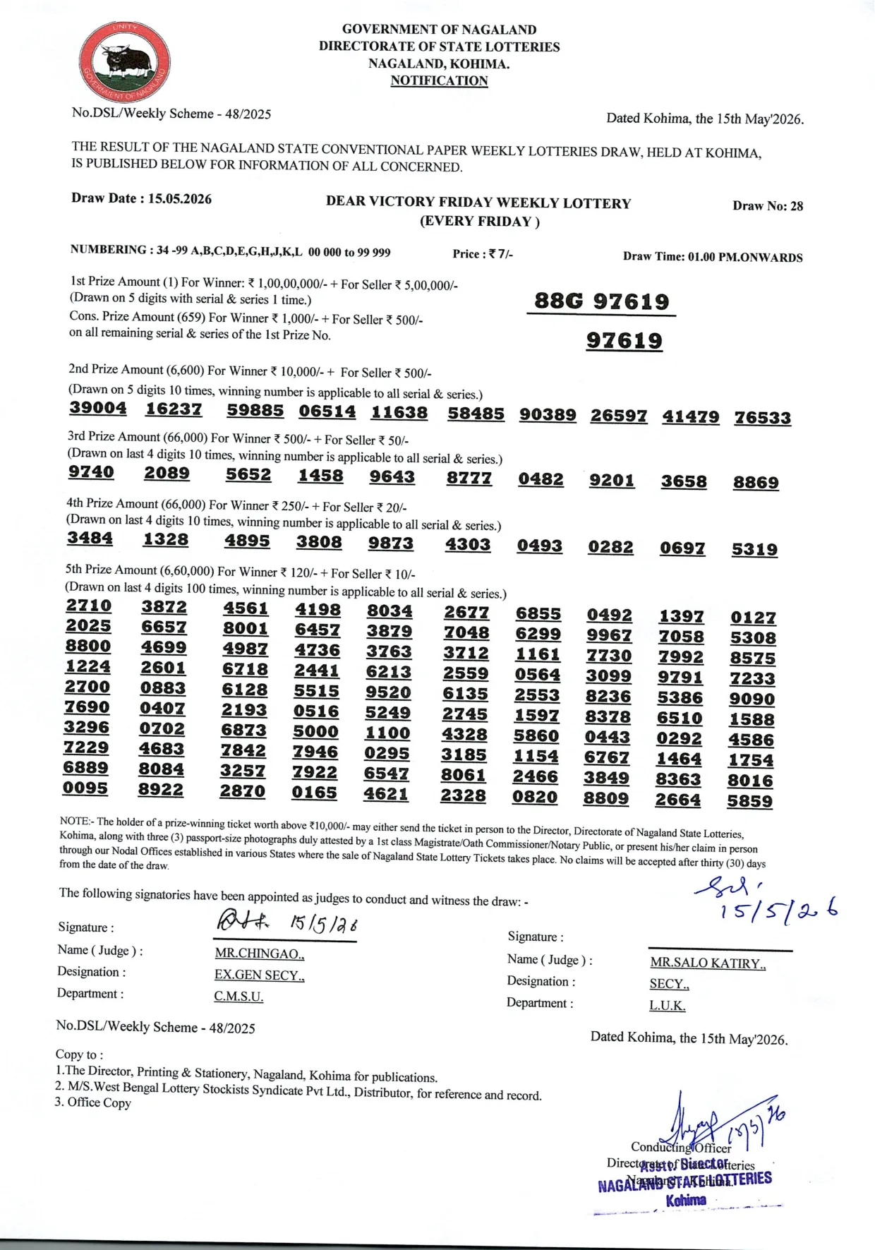 Dear Lottery result 1PM 15.05.2026