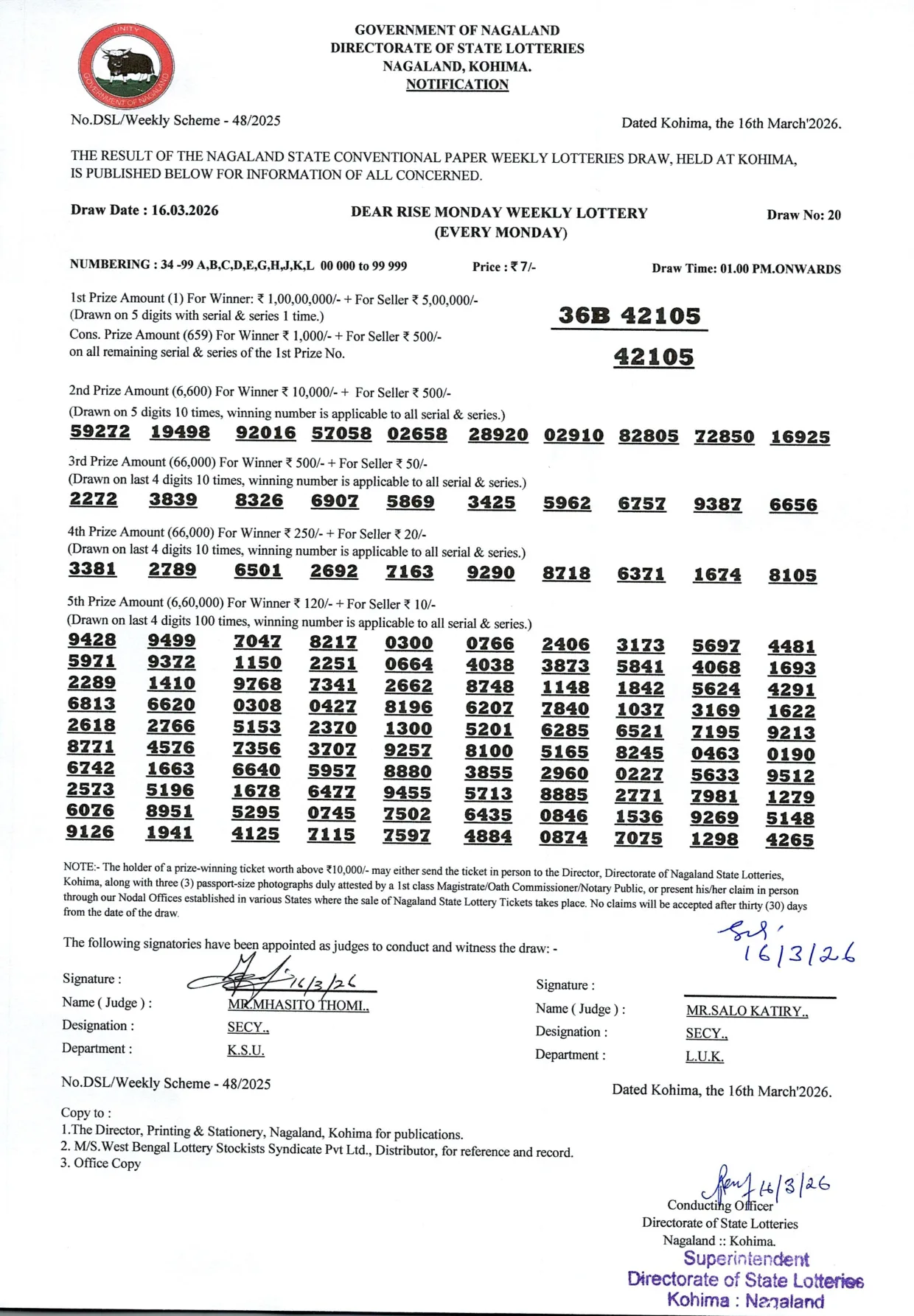 Dear Lottery result 1PM 16.03.2026