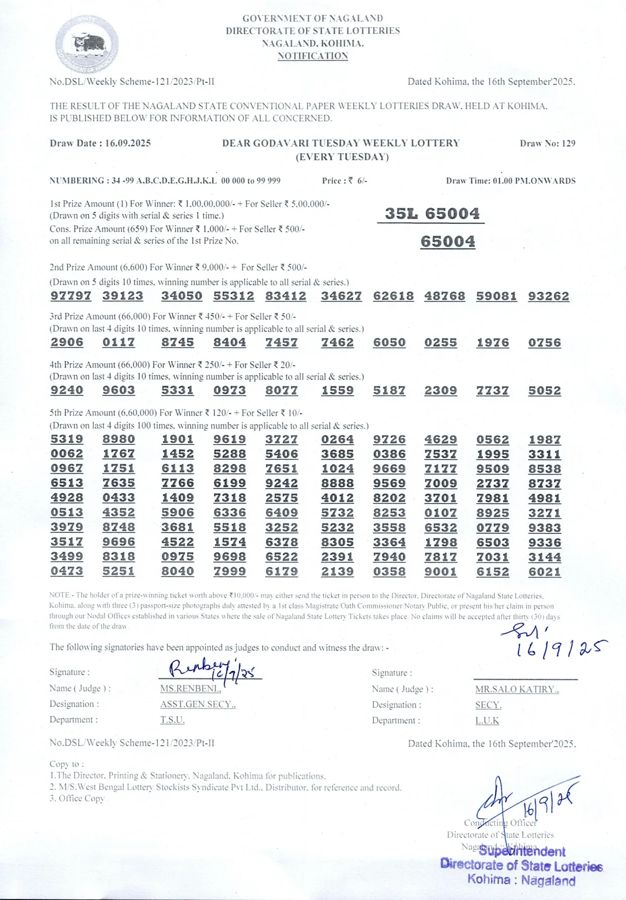 Dear Lottery result 1PM 16.09.2025