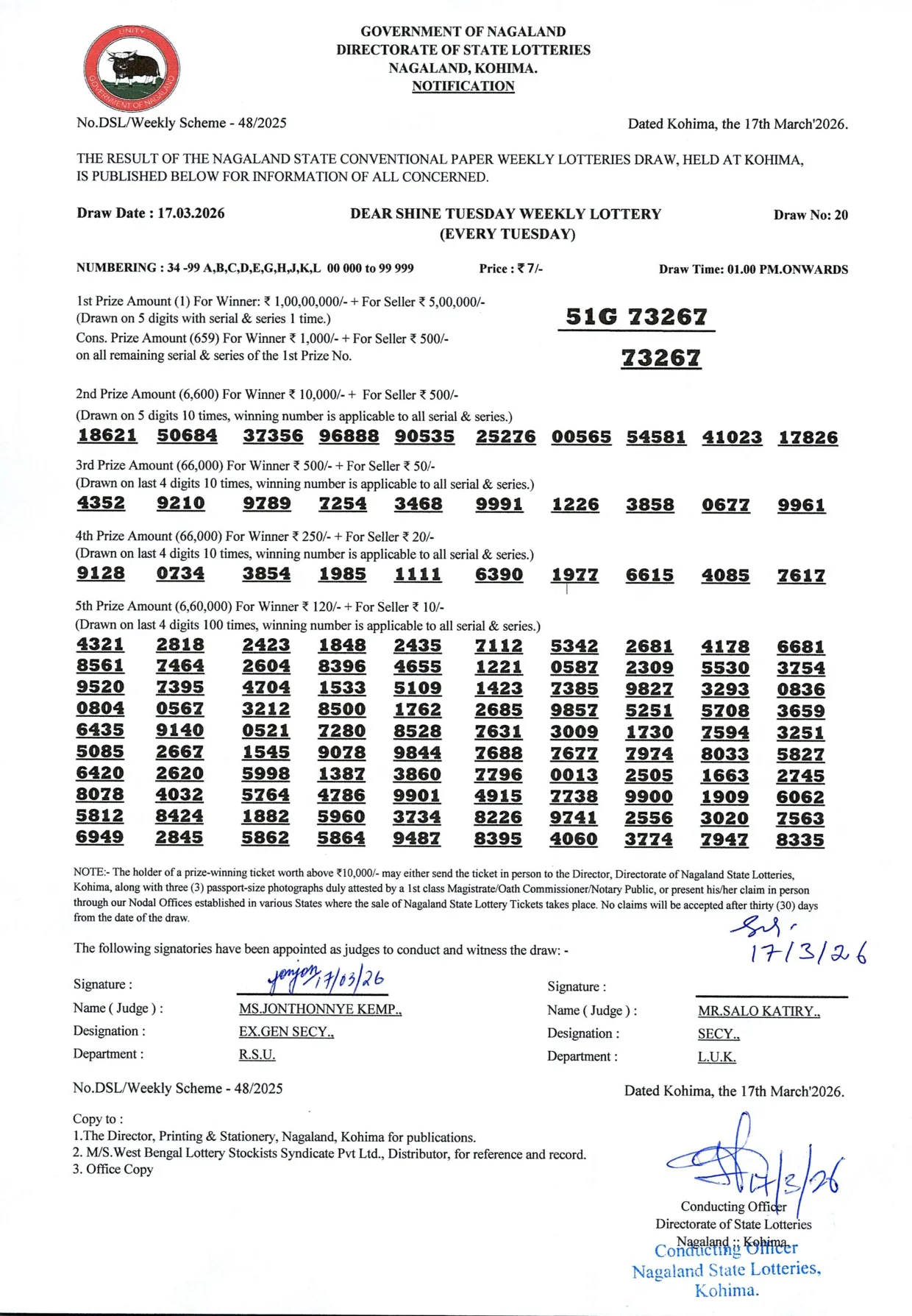 Dear Lottery result 1PM 17.03.2026