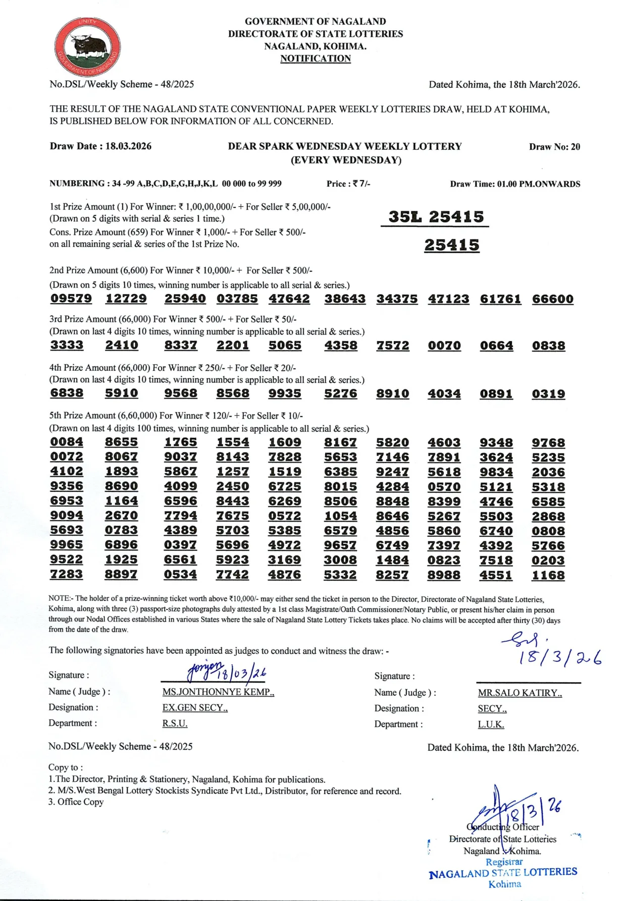 Dear Lottery result 1PM 18.03.2026