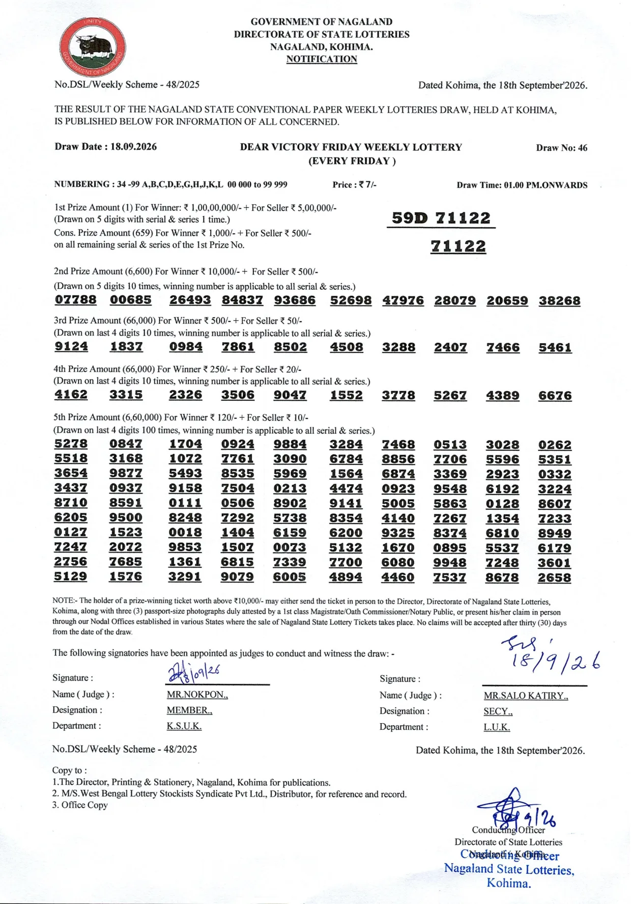 Dear Lottery result 1PM 18.09.2026