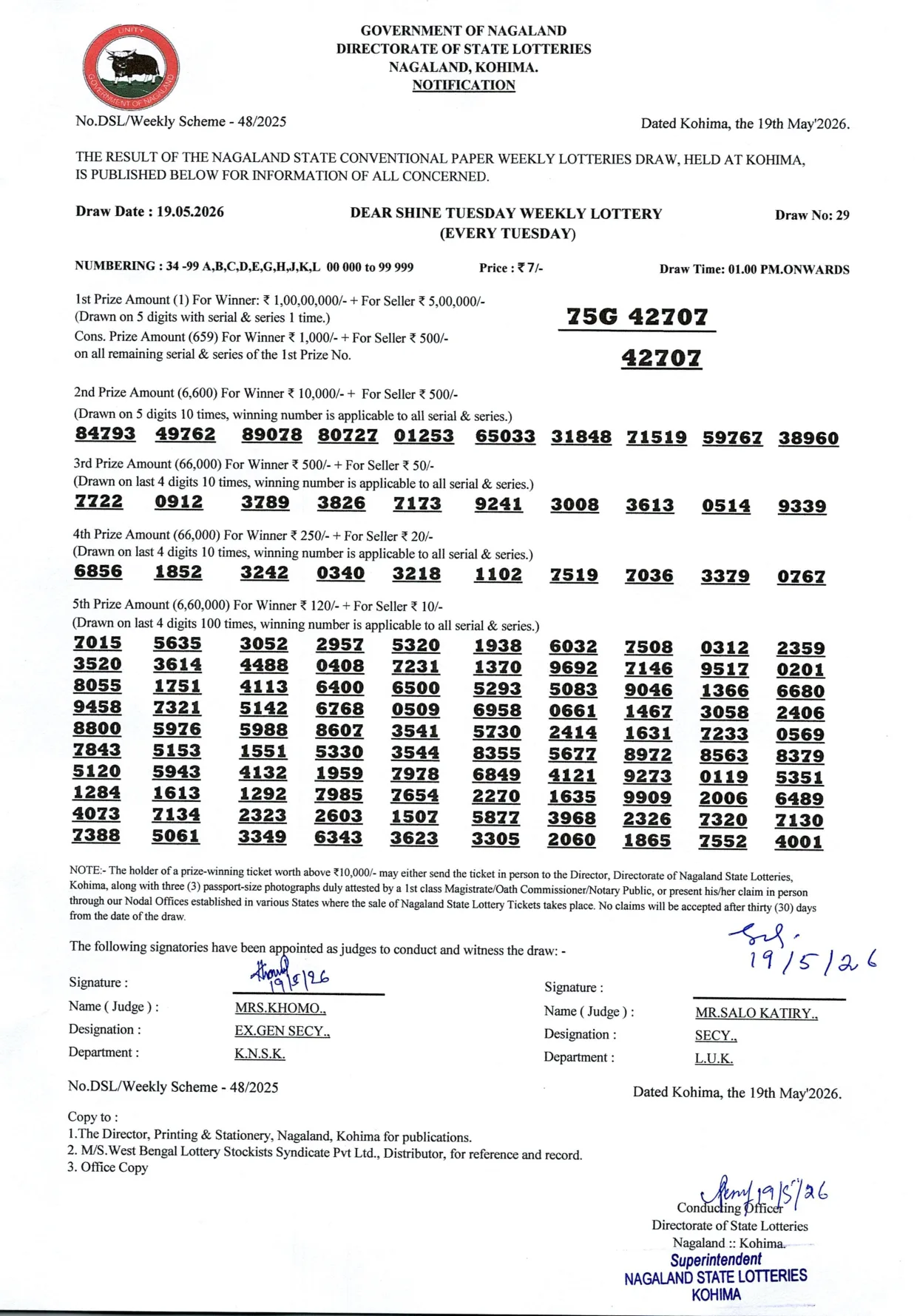 Dear Lottery result 1PM 19.05.2026