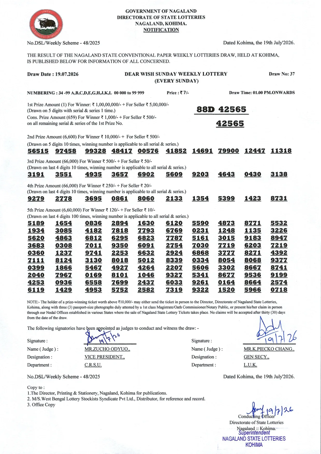 Dear Lottery result 1PM 19.07.2026