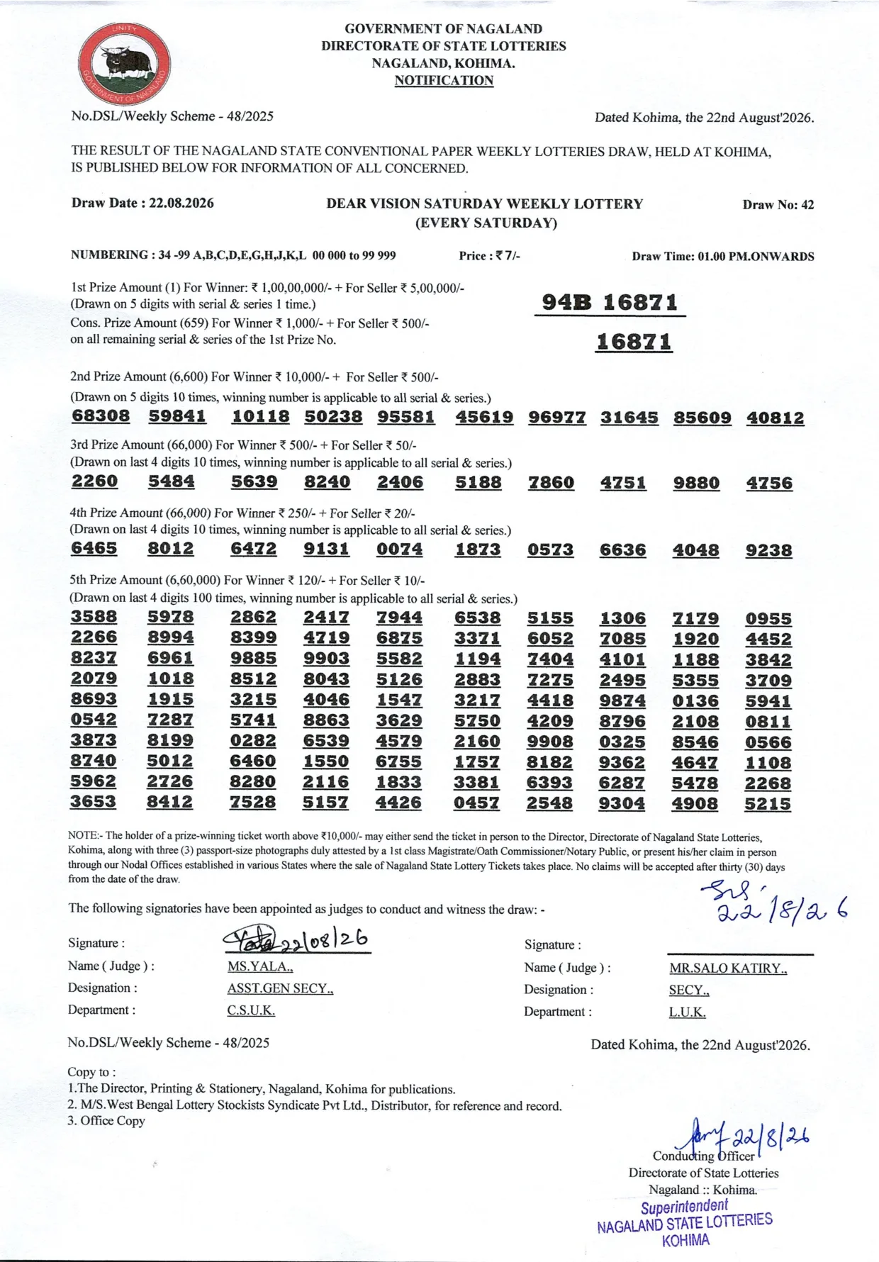 Dear Lottery result 1PM 22.08.2026