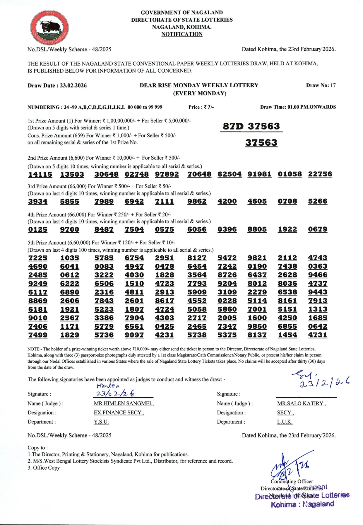 Dear Lottery result 1PM 23.02.2026
