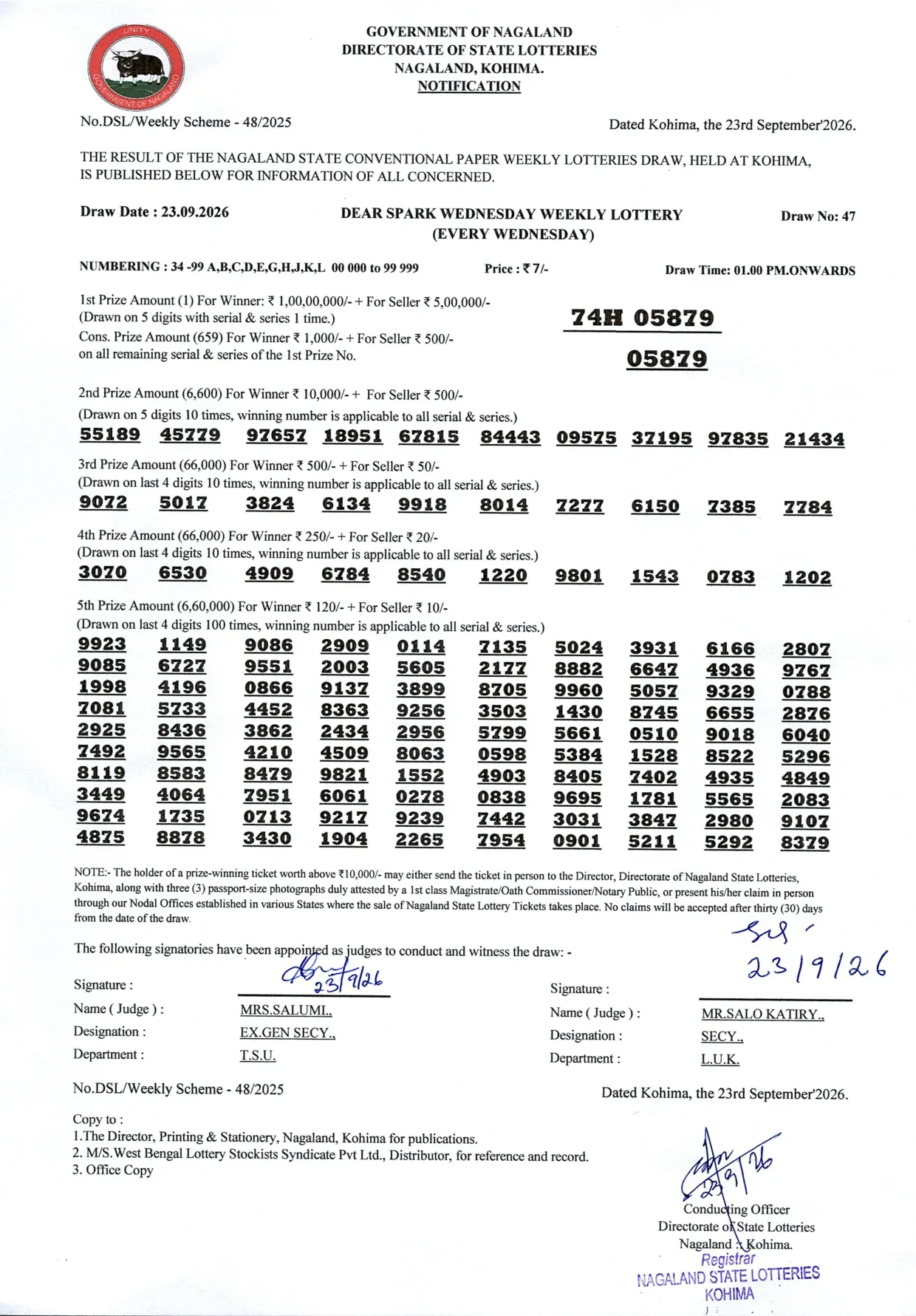 Dear Lottery result 1PM 23.09.2026