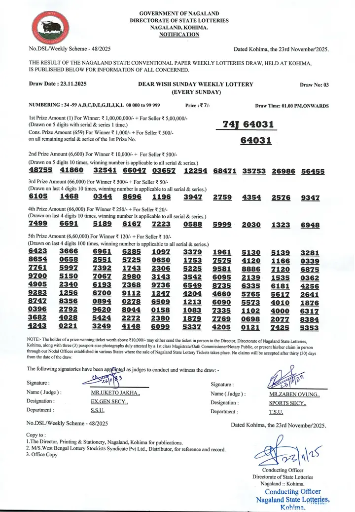Dear Lottery result 1PM 23.11.2025