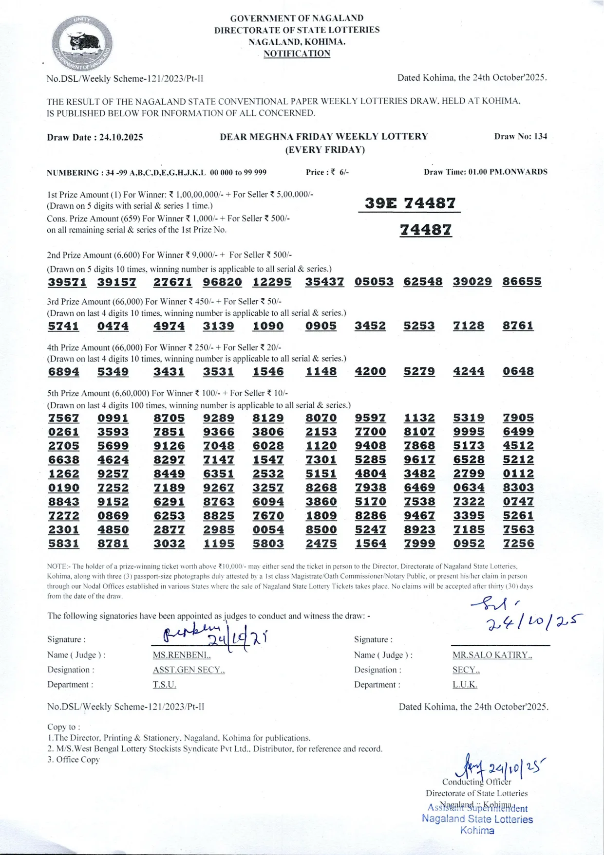 Dear Lottery result 1PM 24.10.2025