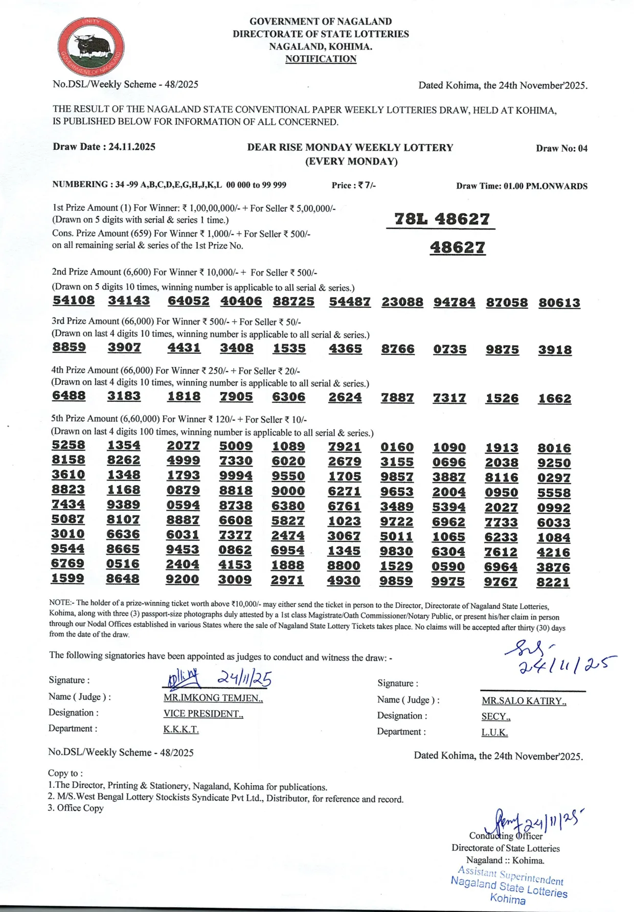 Dear Lottery result 1PM 24.11.2025