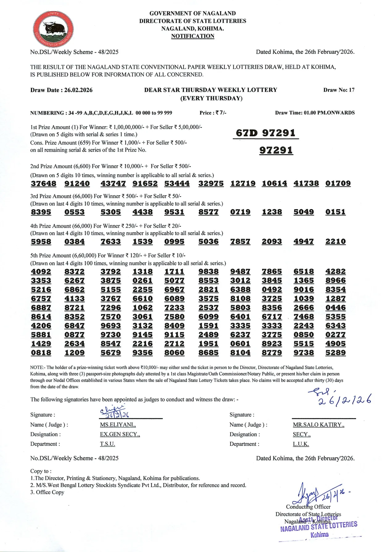 Dear Lottery result 1PM 26.02.2026