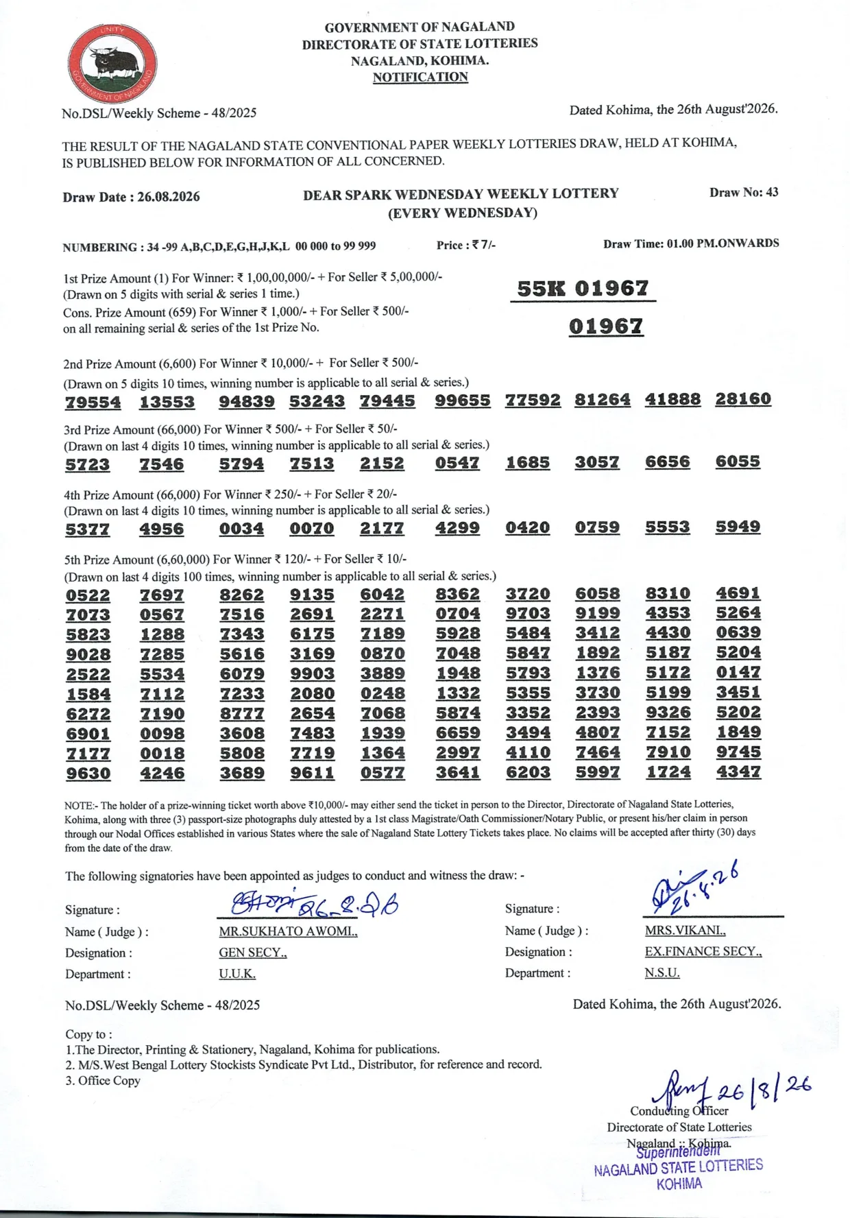 Dear Lottery result 1PM 26.08.2026