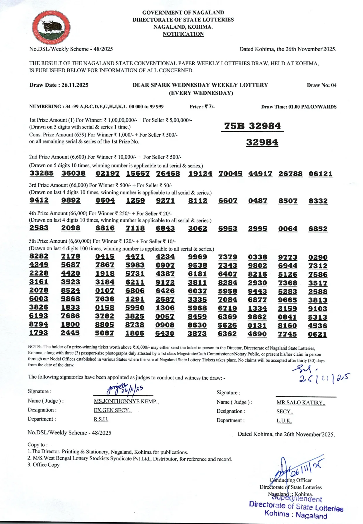 Dear Lottery result 1PM 26.11.2025