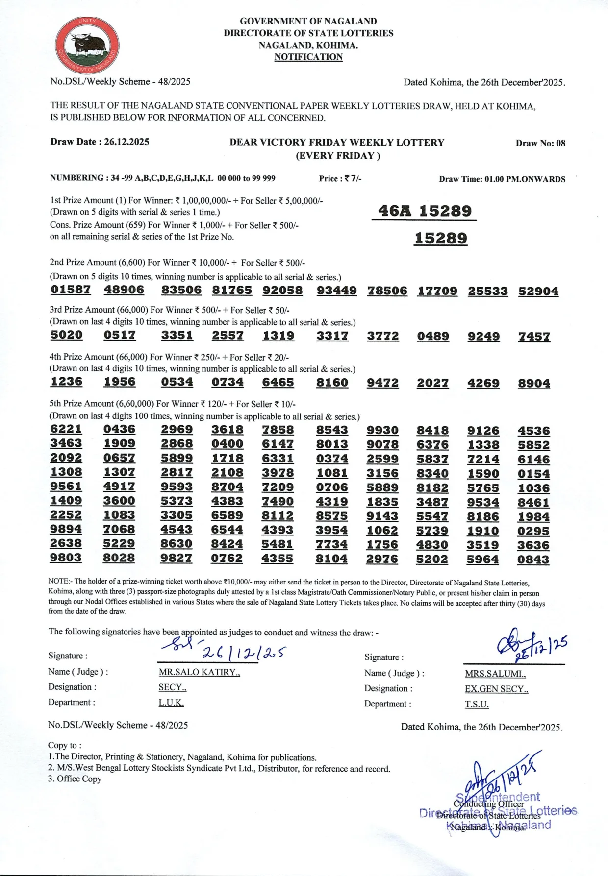 Dear Lottery result 1PM 26.12.2025
