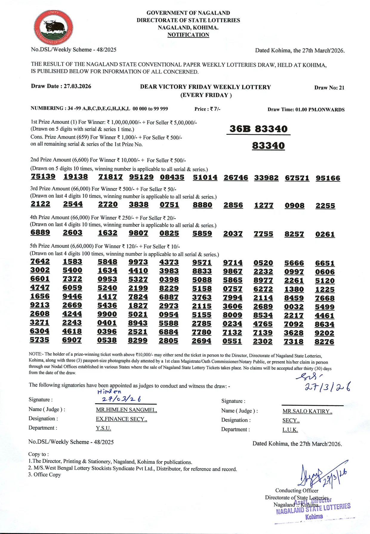 Dear Lottery result 1PM 27.03.2026