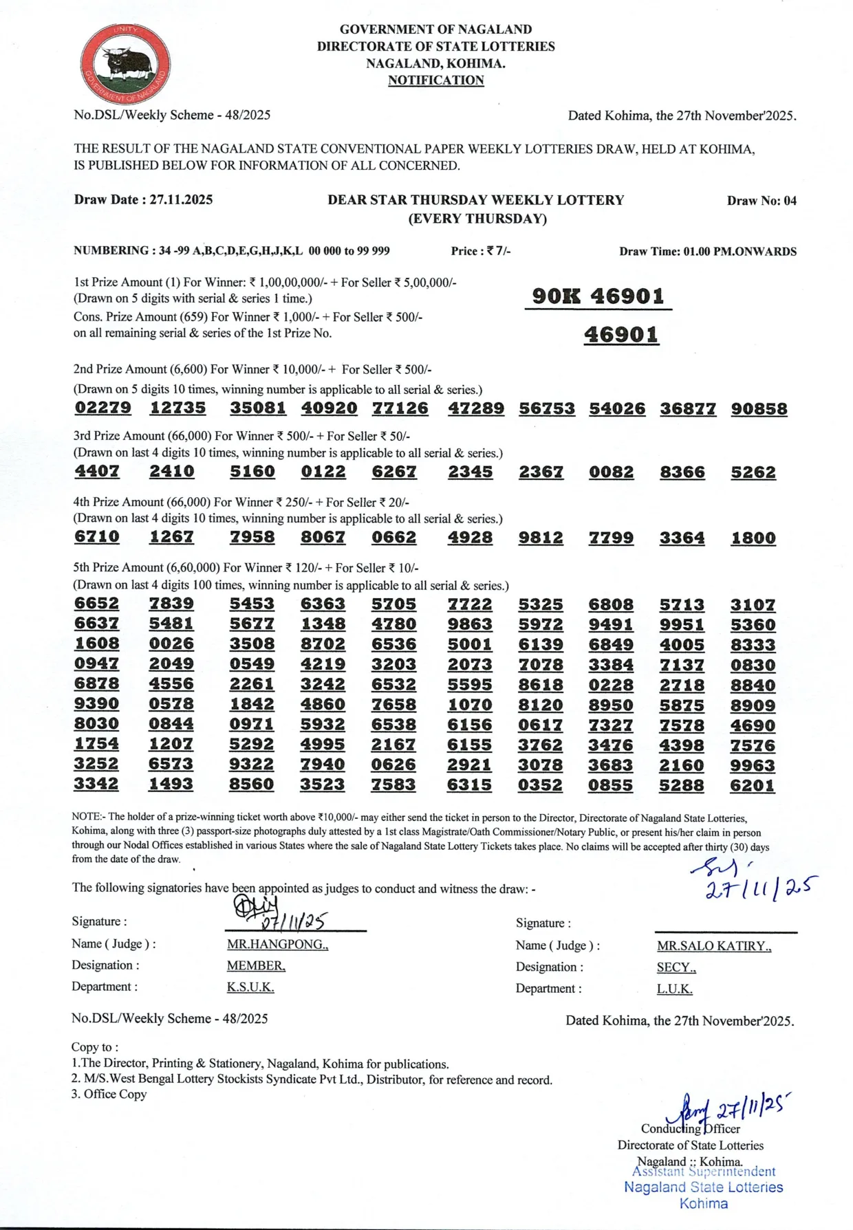 Dear Lottery result 1PM 27.11.2025