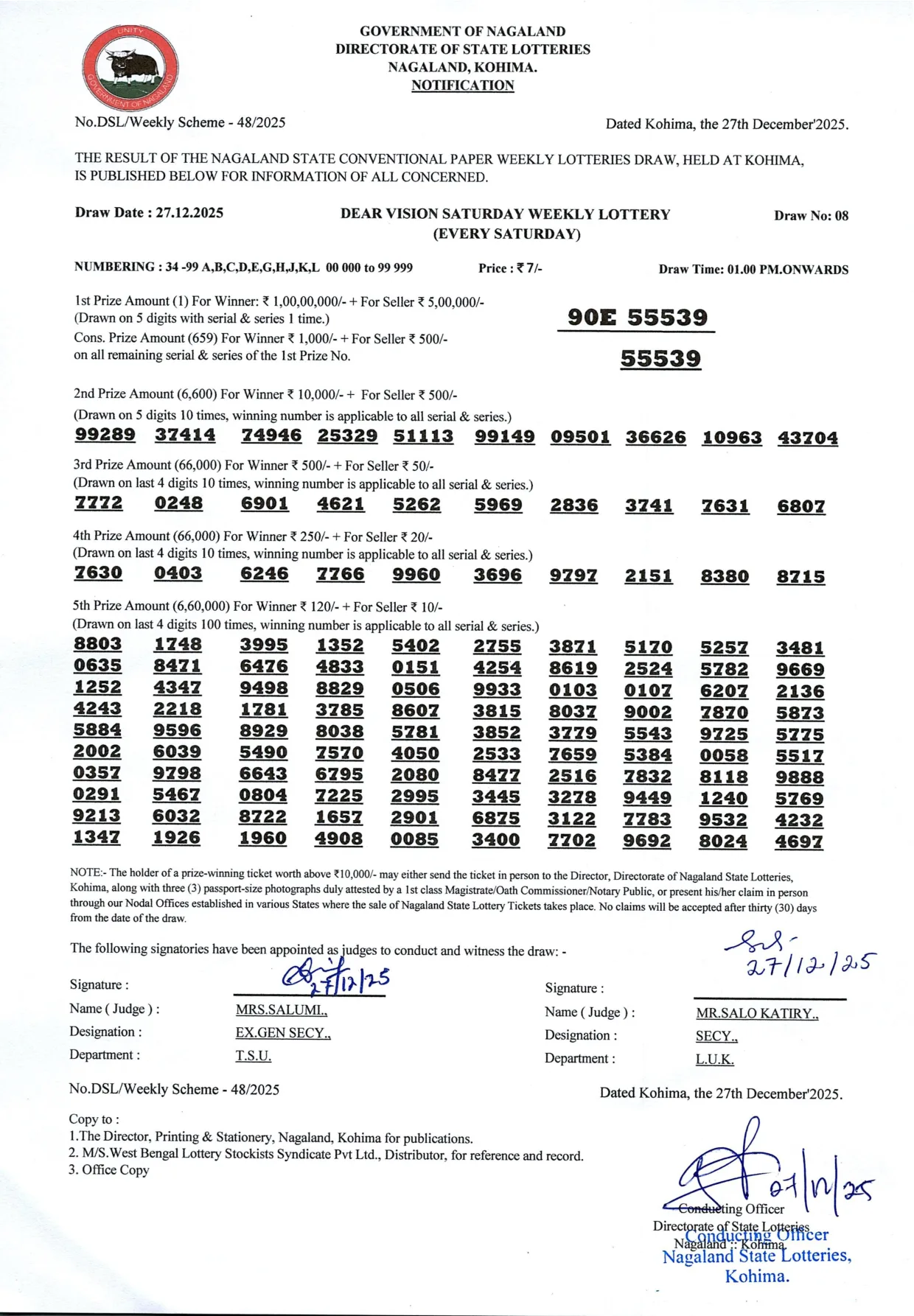 Dear Lottery result 1PM 27.12.2025