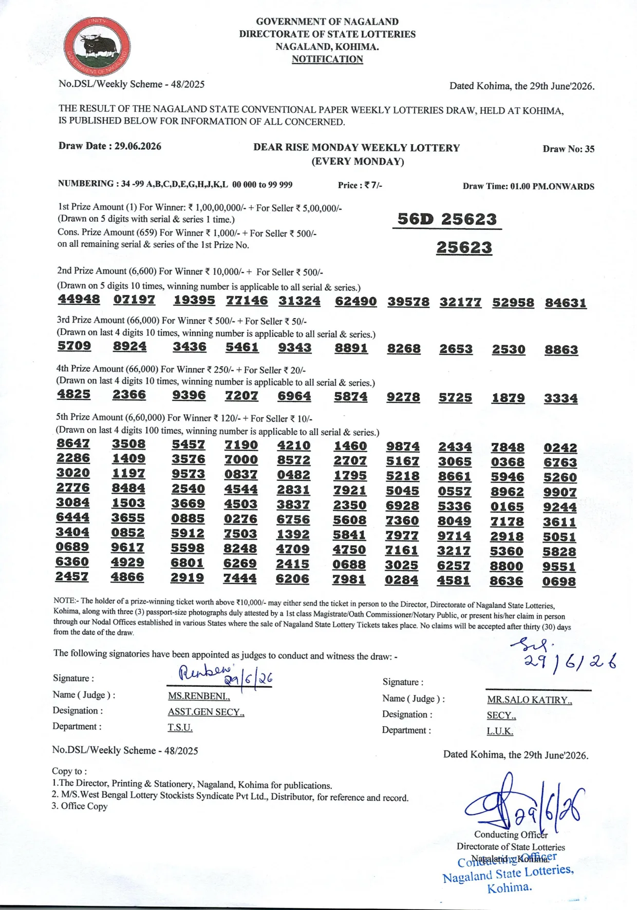 Dear Lottery result 1PM 29.06.2026