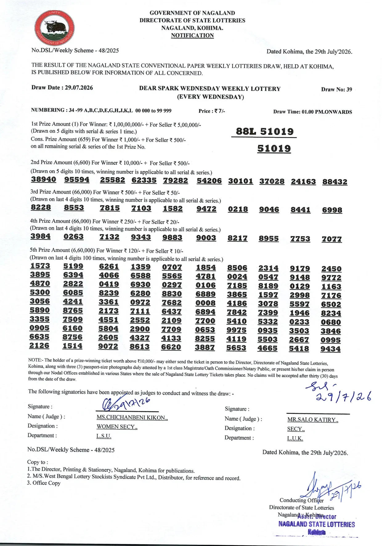 Dear Lottery result 1PM 29.07.2026