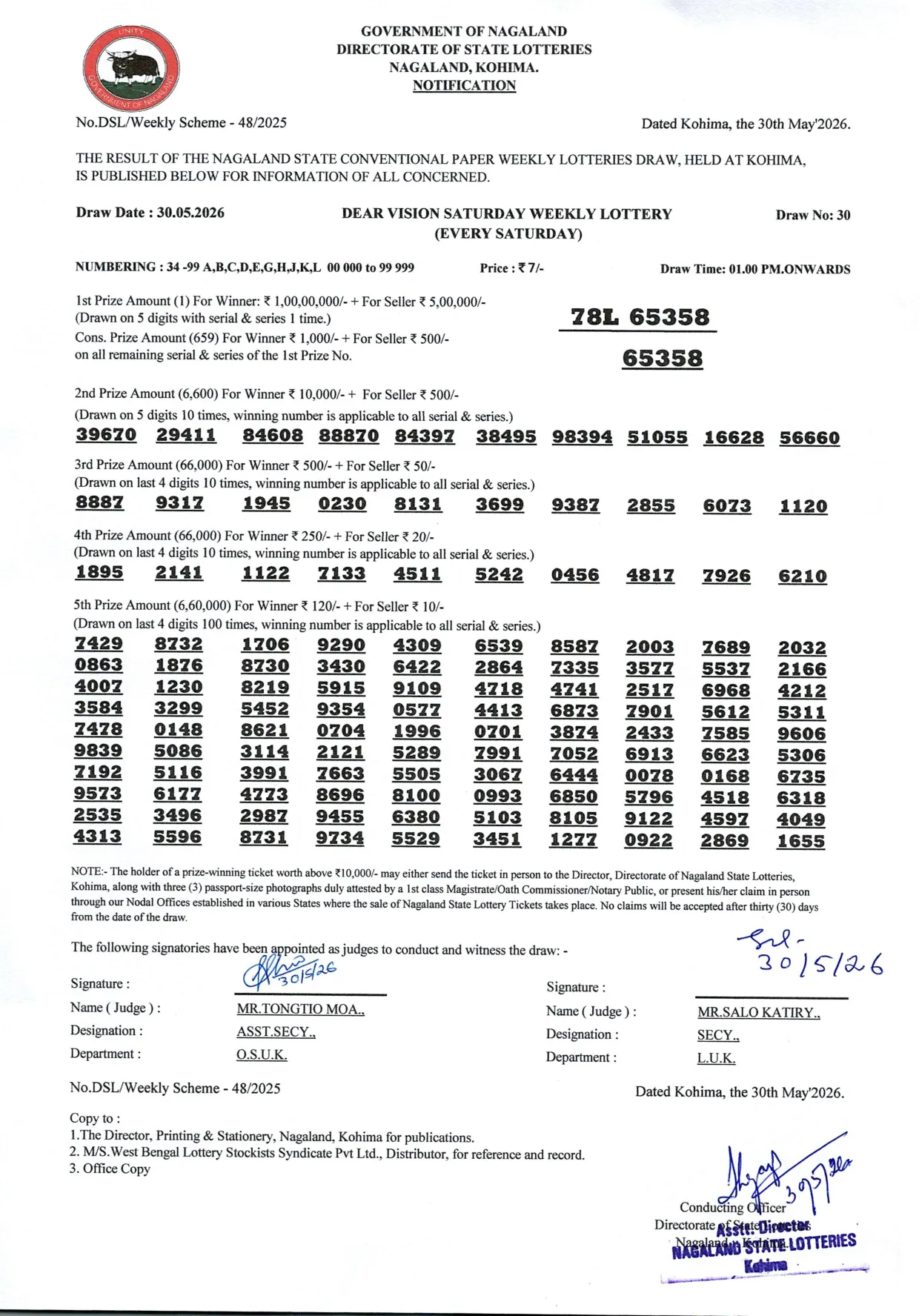 Dear Lottery result 1PM 30.05.2026
