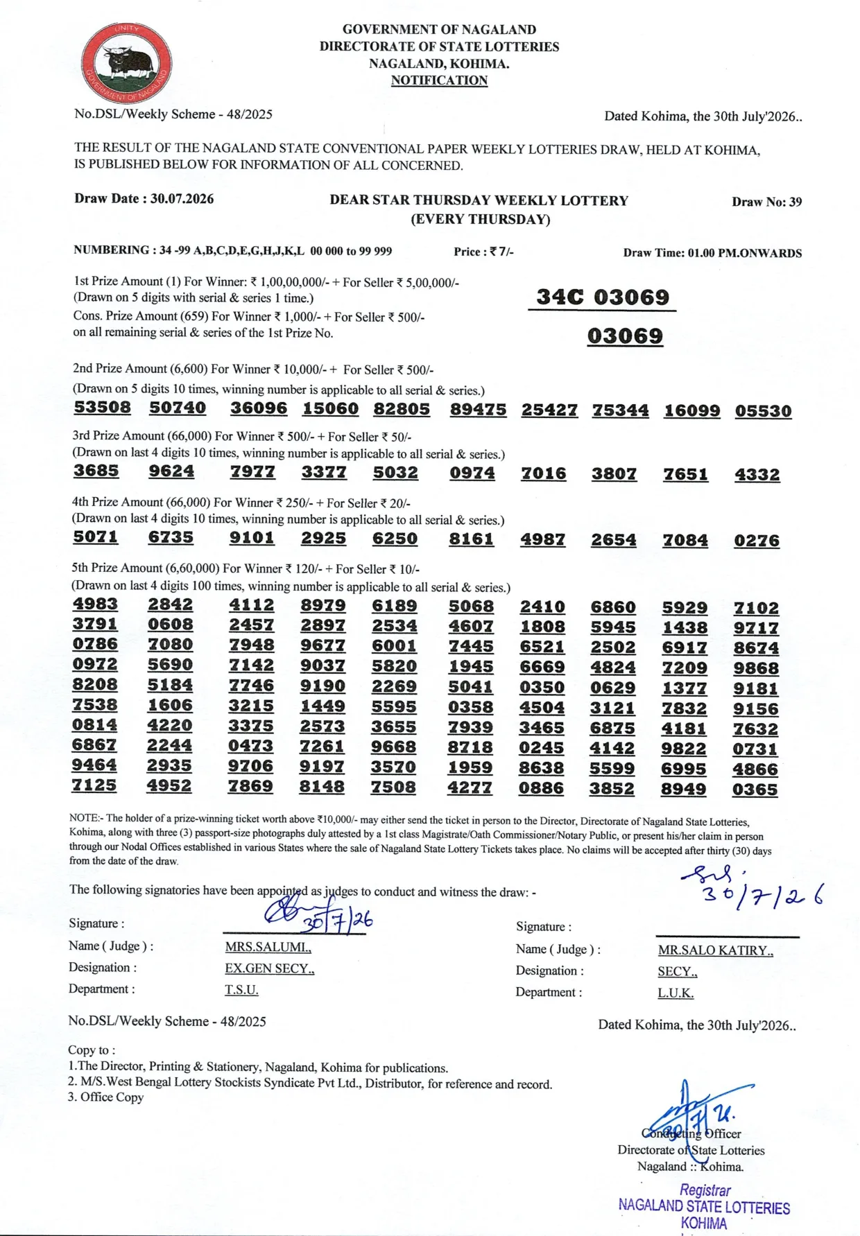 Dear Lottery result 1PM 30.07.2026