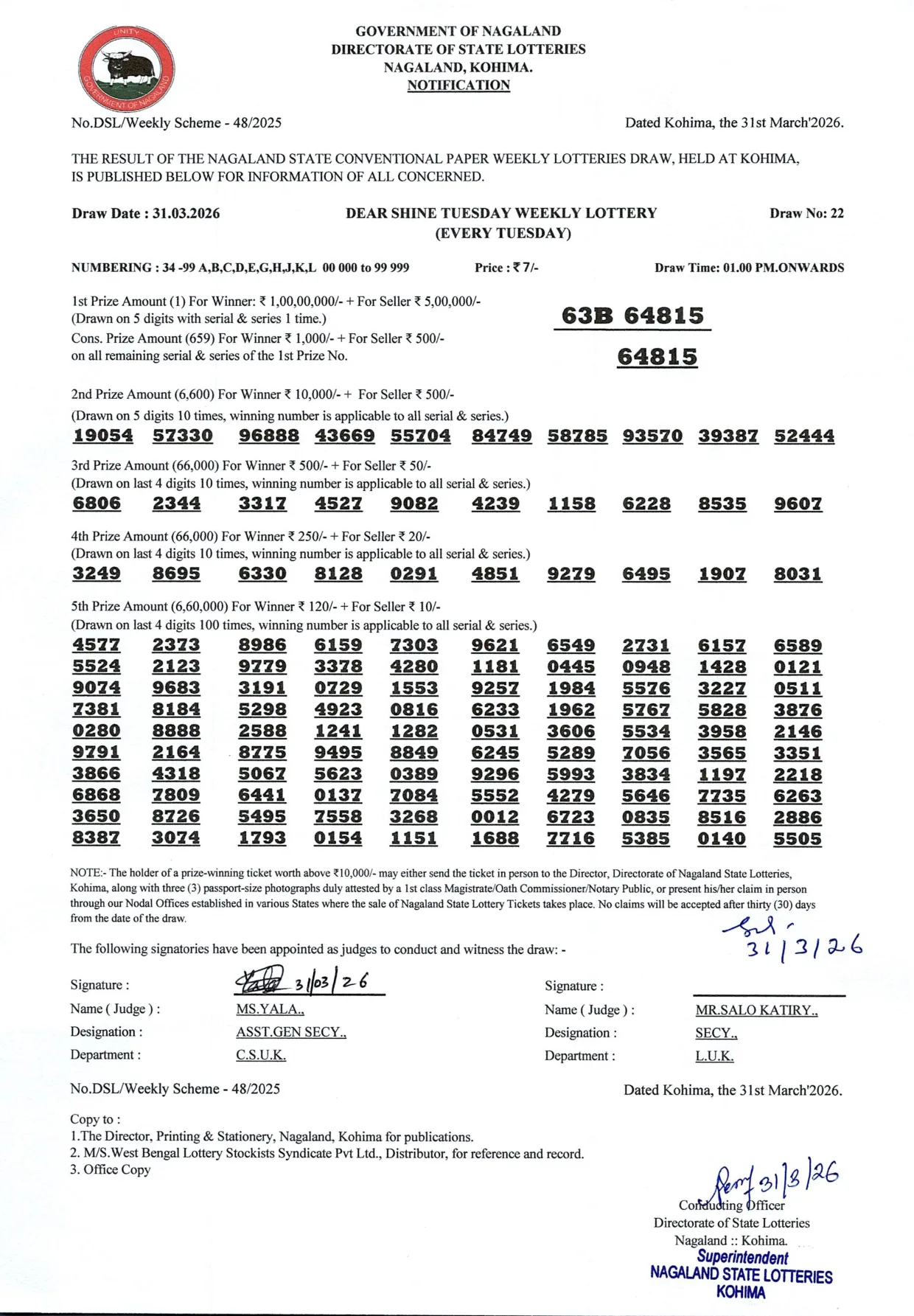 Dear Lottery result 1PM 31.03.2026