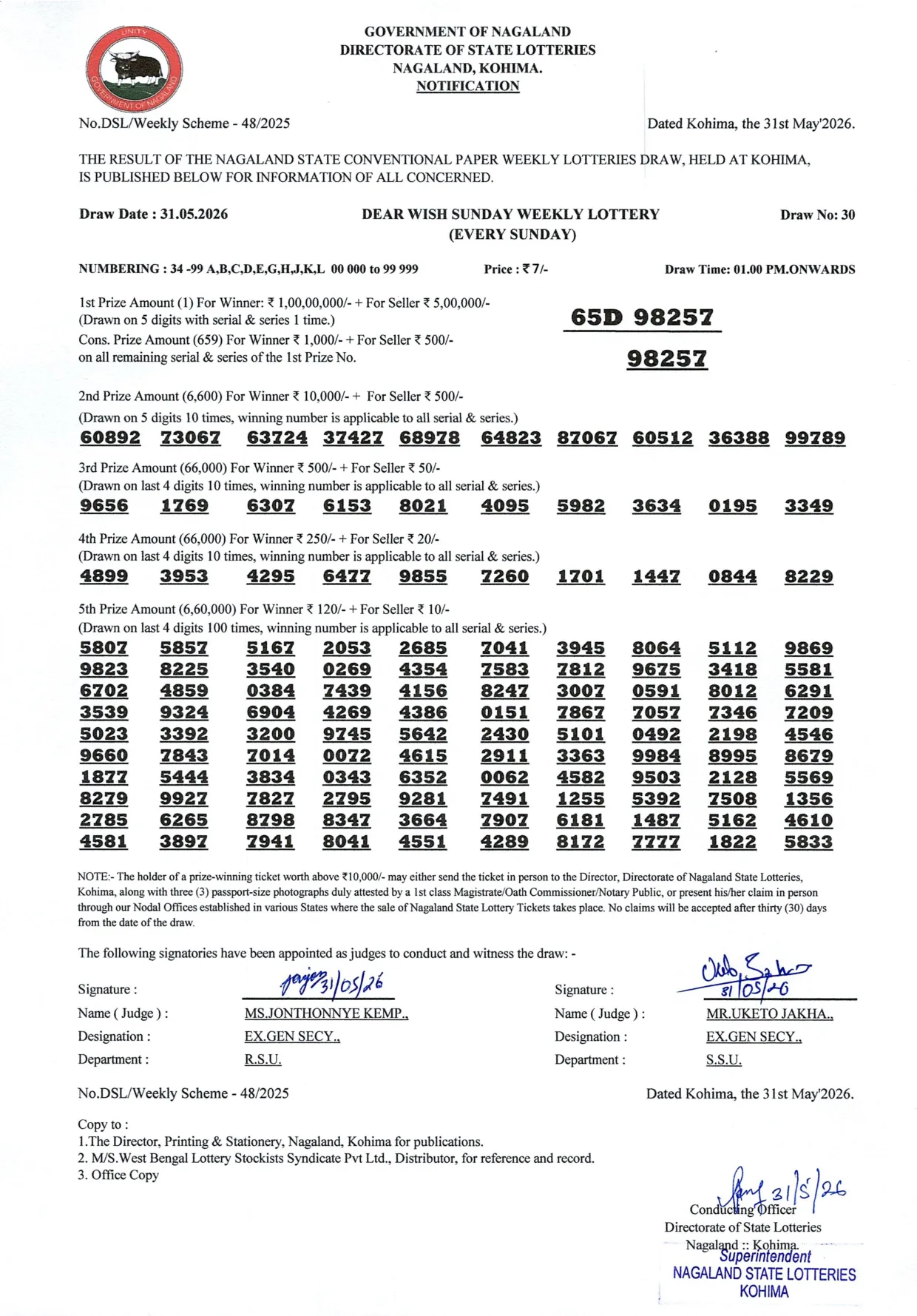 Dear Lottery result 1PM 31.05.2026