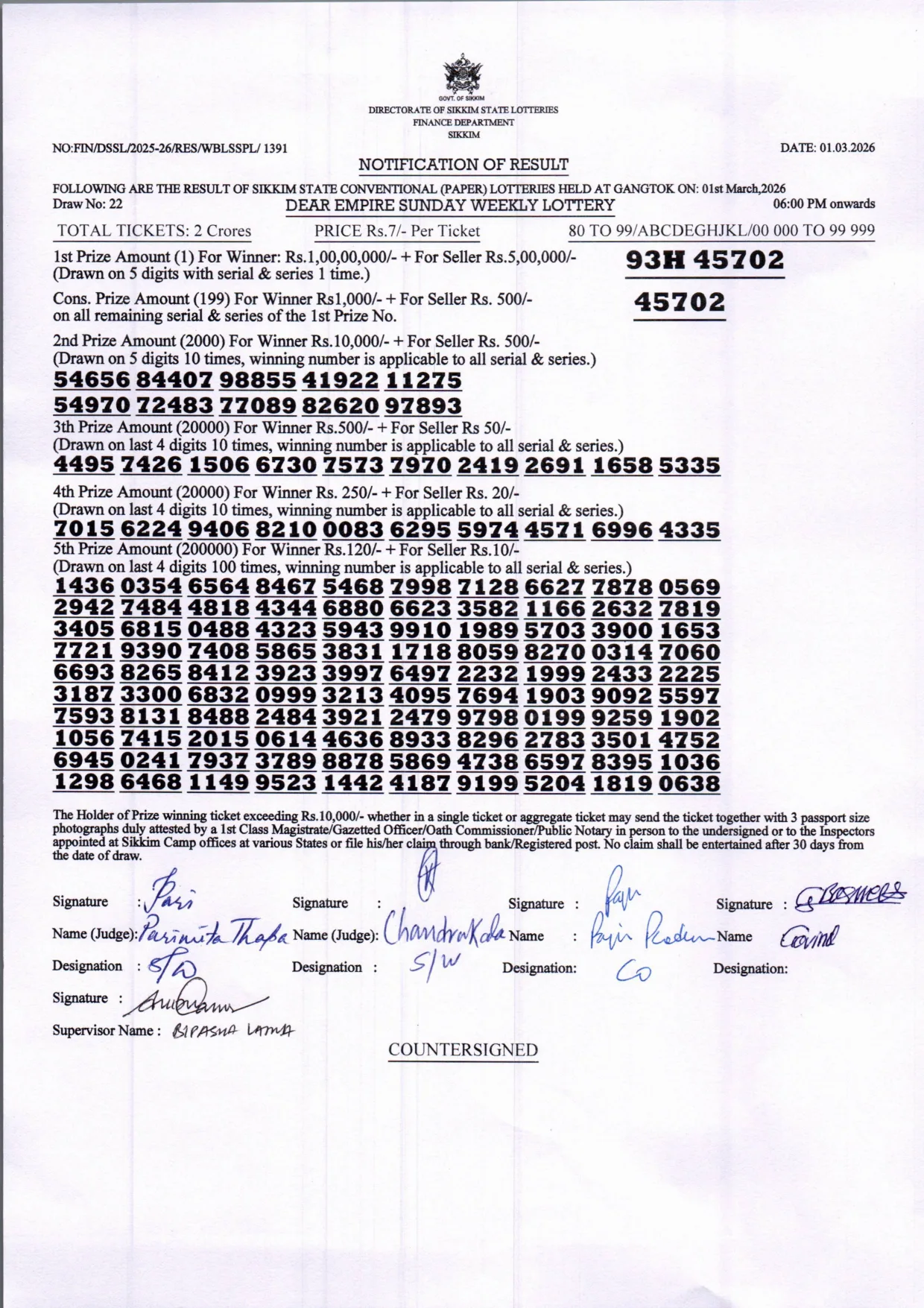 Dear Lottery result 6PM 01.03.2026