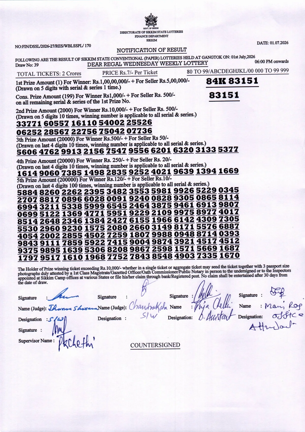 Dear Lottery result 6PM 01.07.2026