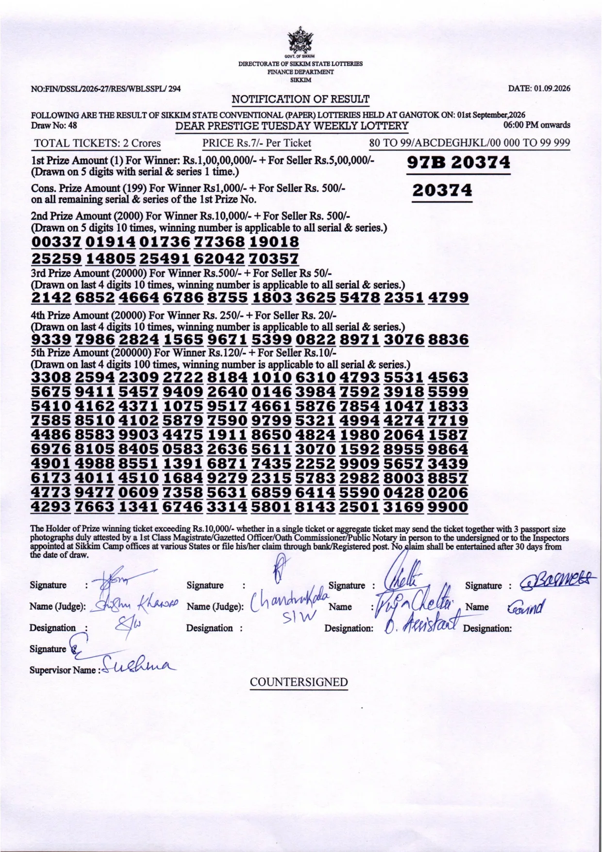 Dear Lottery result 6PM 01.09.2026