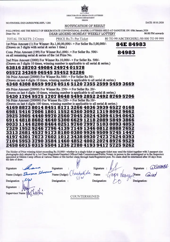 Dear Lottery result 6PM 05.01.2026