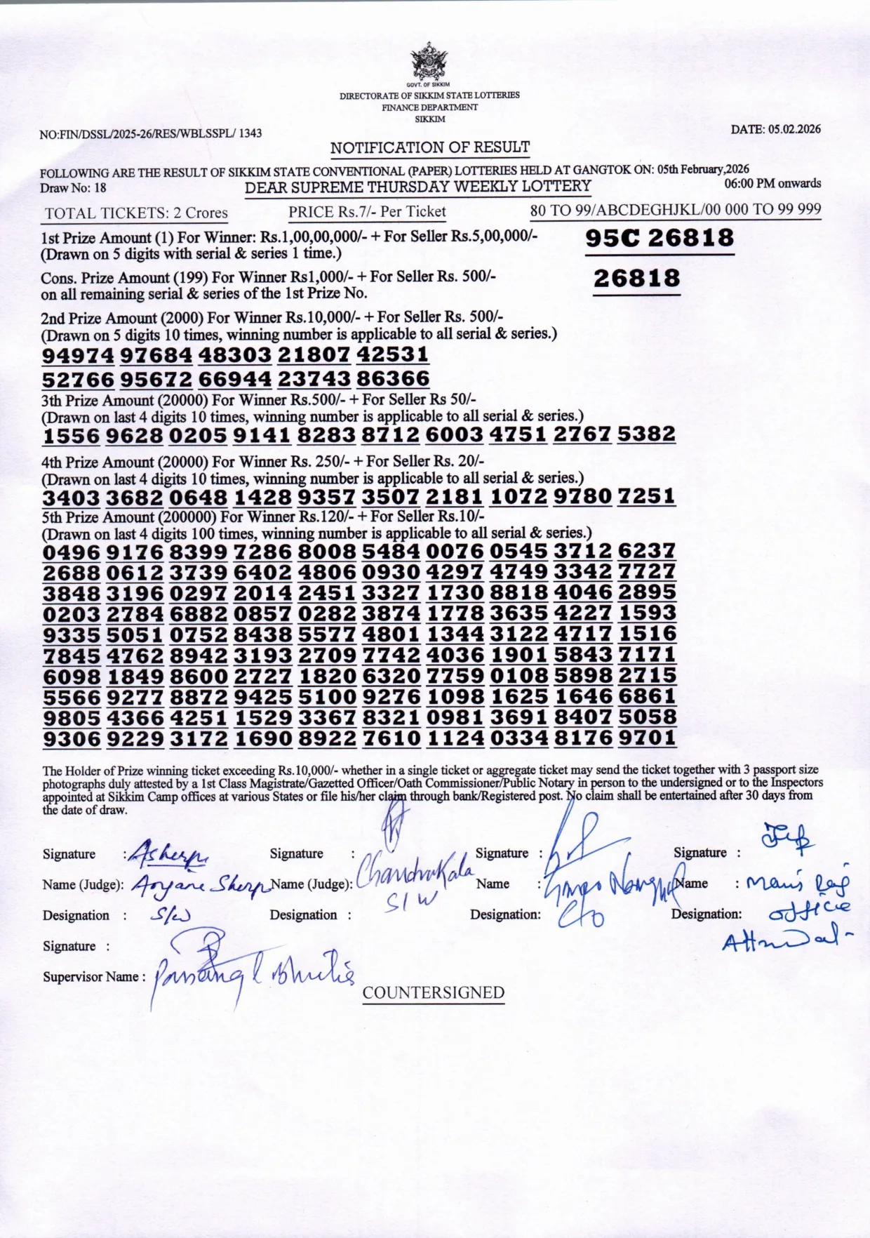 Dear Lottery result 6PM 05.02.2026