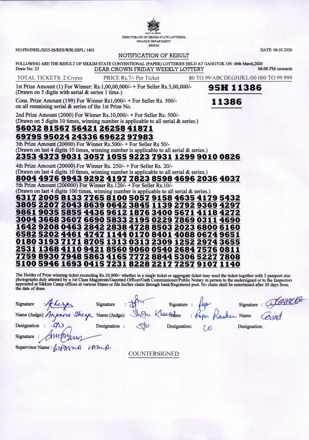 Dear Lottery result 6PM 06.03.2026
