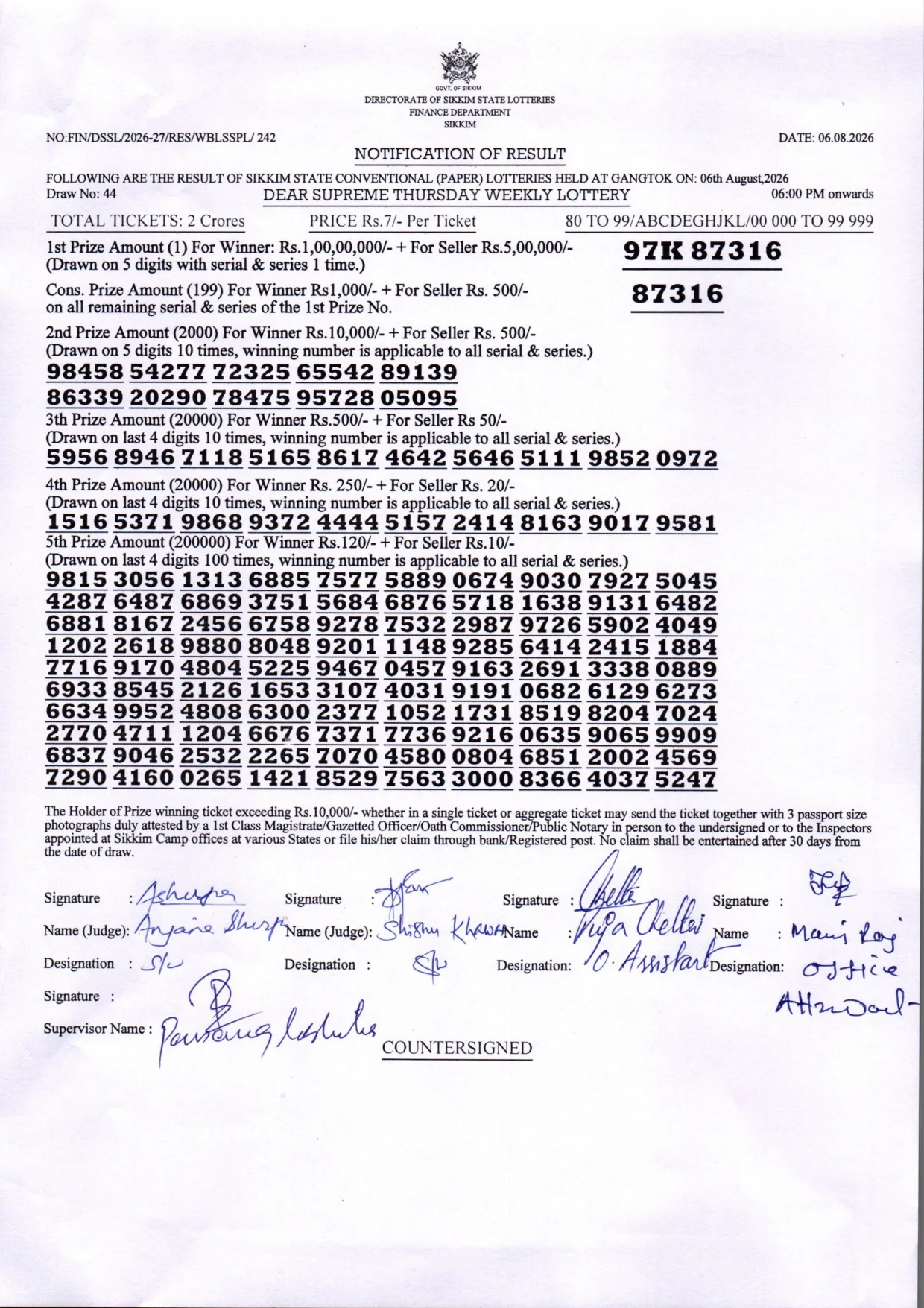 Dear Lottery result 6PM 06.08.2026